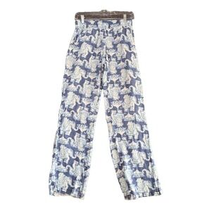 Lilly Pulitzer Linen Pants Womens Size XS Blue White Elephants 4-pocket Pull-On